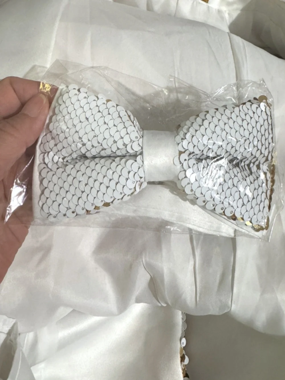 Albert Nardoni Collection Italy White & Gold Sequin Blazer & Bowtie